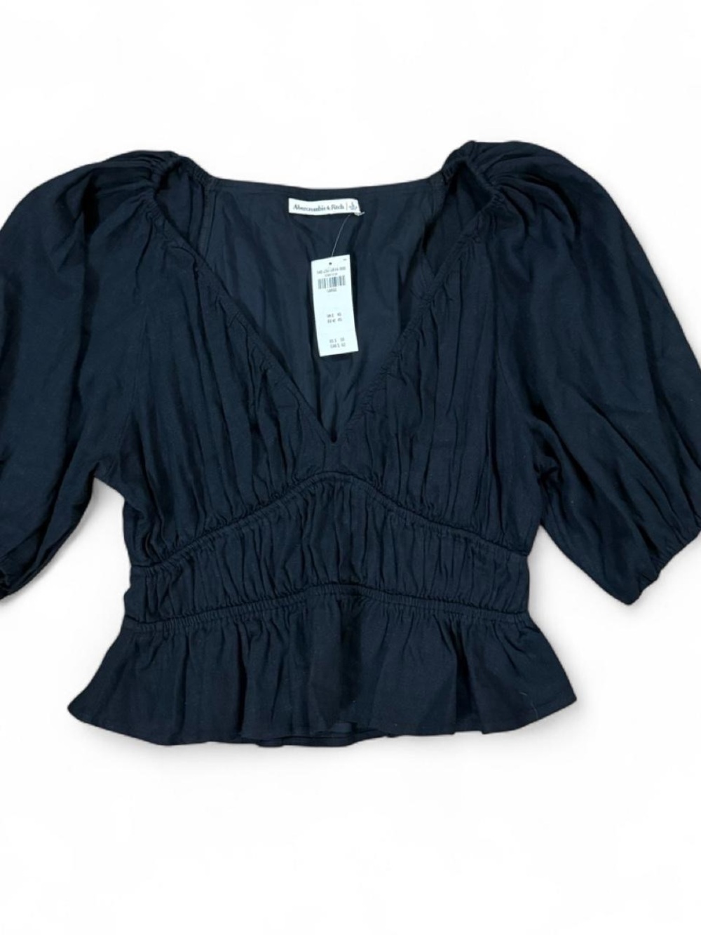 NWT Abercrombie & Fitch Linen Black Puff Sleeve Ruffle Blouse Women’s Top Size L